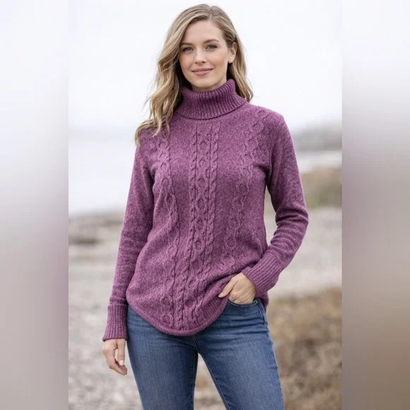 LL Bean Cable Knit Turtleneck Sweater Women’s Mauve Pink Purple 100% Cotton Med - Picture 1 of 8